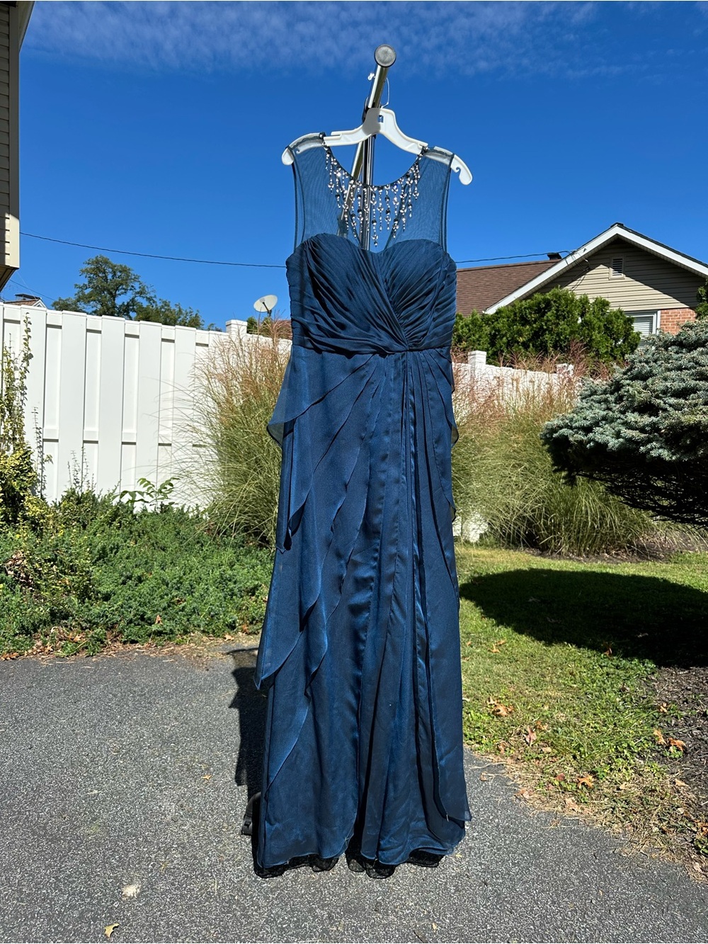 Adrianna Papell Beaded Navy Blue Chiffon Evening Gown